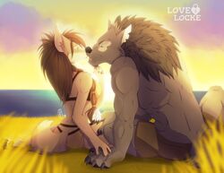  2018 anthro athletic athletic_anthro athletic_male black_body black_fur black_nose blizzard_entertainment bottomwear bra braided_hair breasts brown_body brown_fur brown_hair canid canine canis clothed clothing death_knight duo female fur hair hand_holding hand_on_ground hi_res inner_ear_fluff kissing leaning_in long_hair looking_at_another looking_at_partner lovelocke male male/female mammal midriff outside panties romantic romantic_couple shorts sitting teeth topless topless_male tuft undead underwear warcraft were werecanid wolf worgen 