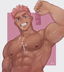  1boy :d abs bandaid bandaid_on_face bandaid_on_nose bara blush bright_pupils completely_nude condom condom_wrapper cum cum_in_mouth cum_on_body cum_on_male cum_on_pectorals from_below grin highres large_pectorals long_sideburns looking_at_viewer louis_tjxx male_focus muscular muscular_male navel nipples nude original pectorals pink_background pink_hair pink_theme seductive_smile sexually_suggestive short_hair sideburns smile solo star-shaped_pupils star_(symbol) stomach strongman_waist sweat symbol-shaped_pupils thick_eyebrows two-tone_background upper_body very_sweaty 