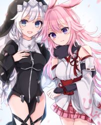  2girls :d animal_ears bad_id bad_pixiv_id bare_shoulders blue_eyes braid braided_ponytail chabatake closed_mouth cowboy_shot fox_ears hair_between_eyes highres honkai_(series) honkai_impact_3rd kallen_kaslana long_hair looking_at_viewer multiple_girls nun open_mouth petals pink_hair pink_skirt purple_eyes simple_background skirt smile white_background white_hair yae_sakura yae_sakura_(gyakushinn_miko) 