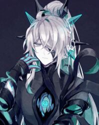  1boy @_@ ahoge ainchase_ishmael animated animated artist_name black_gloves blinking colored_inner_hair core corruption detached_arm elsword expressionless gloves green_hair hair_over_one_eye half_mask headdress herrscher_(elsword) high_ponytail kuri-s long_hair male_focus mask multicolored_hair sideways_glance signature smile solo twitter_username very_long_hair white_hair 