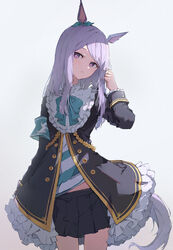  animal_ears armband black_coat black_skirt blue_neckwear closed_mouth coat female frilled_coat frills fujimaki_nora grey_background highres horse_ears horse_girl horse_tail long_hair long_sleeves mejiro_mcqueen_(umamusume) pleated_skirt purple_eyes purple_hair ribbon shirt simple_background skirt solo striped_clothes striped_shirt tail twirling_hair umamusume 