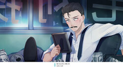  1boy black_hair black_necktie blush character_name commentary_request dress_shirt facial_hair holding indoors long_sleeves male_focus md5_mismatch meitantei_conan monicanc mouri_kogoro moustache necktie photo_(object) photoshop_(medium) shirt sitting solo undone_necktie white_shirt 