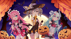  3girls :d absurdres asymmetrical_gloves bare_shoulders bat_(animal) black_gloves blue_eyes blue_hair bronya_zaychik bronya_zaychik_(snowy_sniper) castle closed_mouth curtains drill_hair earrings elbow_gloves full_moon gloves grey_eyes grey_hair hair_between_eyes halloween halloween_costume hat highres homu_(honkai_impact) honkai_(series) honkai_impact_3rd index_finger_raised jewelry liliya_olenyeva long_sleeves looking_at_viewer mismatched_gloves miying_(13975192760) moon multiple_girls night night_sky one_eye_closed open_mouth orange_gloves pink_hair pumpkin rozaliya_olenyeva siblings sky smile thighhighs tree twin_drills twins white_gloves witch_hat 