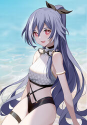  absurdres adapted_costume bare_shoulders beach bikini black_bow blue_hat bow breasts commentary_request eyeliner female fu_hua fu_hua_(herrscher_of_sentience) fu_hua_(ooh!_summer!)_(herrscher_of_sentience) glasses goggles grey_hair hair_between_eyes hair_ornament hair_ribbon hairbow hat high_ponytail highres honkai_(series) honkai_impact_3rd long_hair makeup monabianou multicolored_hair navel ocean official_alternate_costume open_mouth ponytail red_eyeliner red_eyes ribbon small_breasts smile solo star_(symbol) star_hair_ornament stomach streaked_hair swimsuit thighs unworn_eyewear visor_cap white_hair yellow_pupils 