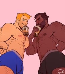  2boys abs absurdres aged_down ass bara beard between_pectorals black_male_underwear blonde_hair blush boxers brown_hair bubble_tea bubble_tea_challenge bulge chest_hair couple cup disposable_cup drinking_straw eye_contact facial_hair hairy highres large_pectorals looking_at_another male_focus male_underwear mature_male meme multiple_boys muscular muscular_male navel navel_hair nipples nyuudles object_on_pectorals overwatch overwatch_1 pectorals reaper_(overwatch) short_hair soldier:_76_(overwatch) stomach stubble topless_male underwear underwear_only yaoi 