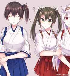  3girls ? arm_hug black_hair blue_hakama breasts commentary_request dark_green_hair facing_viewer green_eyes grey_background hairband hakama hakama_short_skirt hakama_skirt japanese_clothes kabocha_torute kaga_(kancolle) kantai_collection large_breasts long_hair looking_at_viewer multiple_girls red_hakama shoukaku_(kancolle) shoukaku_kai_ni_(kancolle) side_ponytail simple_background skirt tasuki twintails white_hair zuikaku_(kancolle) zuikaku_kai_ni_(kancolle) 