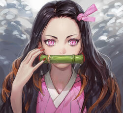  bamboo bit_gag black_jacket female forehead gag gagged grey_background haori highres jacket japanese_clothes kamado_nezuko kimetsu_no_yaiba kimono korean_commentary mouth_hold multicolored_hair pink_eyes pink_kimono pink_ribbon red_nails ribbon shaonav solo upper_body 