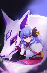  :o absurdres ahoge artist_logo blue_hair braid cowboy_shot curled_horns female flower fur_trim gloves grin hair_between_eyes hair_flower hair_ornament highres horns kato_yuurina kindred_(league_of_legends) lamb_(league_of_legends) league_of_legends long_hair no_mask official_alternate_costume purple_hair red_gloves sharp_teeth smile spirit_blossom_(league_of_legends) spirit_blossom_kindred teeth twin_braids 