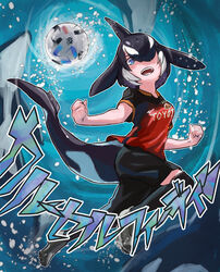  air_bubble alternate_costume ball bare_arms black_hair blowhole blue_eyes bubble cetacean_tail clenched_hands clothes_writing commentary_request dorsal_fin female fins fish_tail freediving full_body hair_over_one_eye head_fins highres j._league kemono_friends looking_at_viewer medium_hair multicolored_hair nagoya_grampus open_mouth orca_(kemono_friends) parted_bangs shirt shoes short_sleeves shorts smile soccer_ball soccer_uniform socks solo sound_effects sportswear t-shirt tail thighhighs toriny two-tone_hair underwater water white_hair 