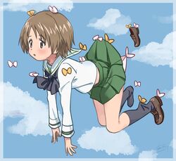  blouse brown_eyes brown_hair bug butterfly carrying cloud commentary day fanta_(the_banana_pistols) female flying girls_und_panzer green_skirt highres loafers long_sleeves maruyama_saki ooarai_school_uniform open_mouth pleated_skirt school_uniform serafuku shirt shoes short_hair single_shoe skirt sky socks solo white_shirt 