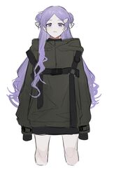  absurdres arms_at_sides bare_legs brown_jacket budo_(budoboros) commentary_request cropped_legs curly_hair double_bun feet_out_of_frame female hair_bun hair_ornament hair_ribbon highres hood hooded_jacket jacket long_hair long_sleeves looking_at_viewer original parted_lips purple_eyes purple_hair ribbon simple_background sleeves_past_fingers sleeves_past_wrists solo white_background white_ribbon 