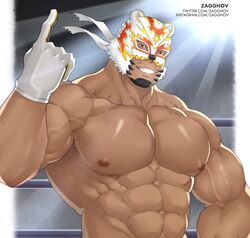  1boy abs artist_name bara bare_pectorals bear_mask biceps black_hair brown_eyes dark-skinned_male dark_skin facial_hair gloves goatee highres index_finger_raised large_pectorals live_a_hero male_focus mask muscular muscular_male navel nipples pectoral_focus pectorals polaris_mask_(live_a_hero) short_hair solo upper_body veins white_gloves wrestling_mask wrestling_outfit zagghov 