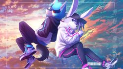  16:9 canid canine canis clothing domestic_dog duo floating hi_res hoodie kemono lagomorph leporid male mammal manadezimon rabbit topwear widescreen 