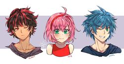  2boys amy_rose black_hair blue_hair character_name commentary earrings english_commentary female green_eyes grin highres hoop_earrings humanization jewelry multicolored_hair multiple_boys one_eye_closed pink_hair red_eyes red_hair sagta_panggang shadow_the_hedgehog signature smile sonic_(series) sonic_the_hedgehog streaked_hair two-tone_hair 