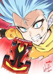  artist_name bakusou_kyoudai_let&#039;s_&amp;_go!! black_gloves blue_eyes blue_hair blush bright_pupils car character_request clenched_teeth close-up commentary_request dated diospada earpiece earrings eyelashes female fingerless_gloves furrowed_brow gloves highres hori_shin jewelry lightning_bolt_symbol long_sleeves mini_4wd motor_vehicle orange_shirt outstretched_arm race_vehicle racecar scarf shirt signature slit_pupils solo sparks speed_lines spiked_hair spoiler_(automobile) sticker stud_earrings sweat tamiya_incorporated teeth tsurime v-shaped_eyebrows wheel white_pupils widow&#039;s_peak yellow_scarf 