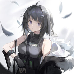  ahoge arknights bare_shoulders black_coat black_gloves black_hair breasts closed_mouth coat feather_hair feathers female fingerless_gloves fur-trimmed_coat fur_trim gloves gradient_background grey_background hair_intakes hair_ornament hairclip highres infection_monitor_(arknights) la_pluma_(arknights) looking_at_viewer medium_breasts motion_blur off_shoulder open_clothes open_coat pingdiguo purple_eyes short_hair solo underbust upper_body 