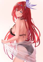  alexiel_(summer)_(granblue_fantasy) aqua_(popogori) ass back bare_shoulders bikini black_bikini blue_eyes blush breasts circlet commentary_request feather_hair_ornament feathers female godsworn_alexiel gradient_background granblue_fantasy hair_between_eyes hair_ornament layered_bikini long_hair looking_at_viewer looking_back red_hair sarong see-through smile solo swimsuit thighs very_long_hair white_bikini 