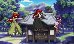  3girls :d apron ascot bat_wings beret black_footwear black_skirt blue_sky braid china_dress chinese_clothes closed_mouth cloud commentary day derivative_work dress english_commentary full_body green_dress green_headwear grey_eyes hands_on_own_hips hat hat_ornament head_wings holding holding_knife hong_meiling hopeless_masquerade izayoi_sakuya knife koakuma long_hair long_sleeves maid maid_headdress mountain multiple_girls multiple_wings open_mouth outdoors puffy_short_sleeves puffy_sleeves red_eyes red_hair reminaxv58 short_sleeves shrine side_braids skirt sky smile star_(symbol) star_hat_ornament stone_lantern touhou tree twin_braids waist_apron white_apron wings yellow_ascot 