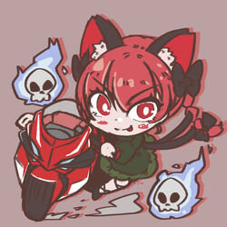  animal_ear_fluff animal_ears black_bow blush bow braid cat_ears cat_tail dnk dress driving dust extra_ears female flaming_skull floating_skull focused ghost green_dress hitodama honda kaenbyou_rin motor_vehicle motorcycle multiple_tails pink_background red_background red_eyes red_hair riding shadow skull solo tail tongue tongue_out touhou twin_braids two_tails vehicle_focus 