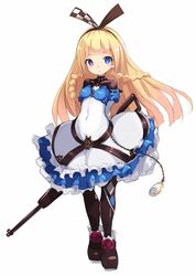  :o alyce_(dohna_dohna) apron blonde_hair blue_dress blue_eyes braid breasts brown_footwear brown_pantyhose commentary_request covered_navel dohna_dohna_issho_ni_warui_koto_o_shiyou dress empty_eyes female frilled_apron frills full_body gun heterochromia karukan_(monjya) long_hair long_sleeves looking_at_viewer medium_breasts pantyhose parted_lips pocket_watch purple_eyes shoes simple_background solo standing very_long_hair watch weapon weapon_behind_back white_apron white_background 