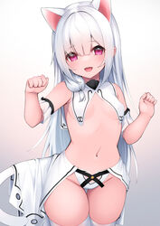  :d animal_ears bare_shoulders breasts cat_ears cat_girl cat_tail commentary_request female gradient_background grey_background groin hair_between_eyes hand_up hashiko_nowoto highres long_hair looking_at_viewer navel nei_(hashiko_nowoto) original paw_pose purple_eyes revealing_clothes small_breasts smile solo tail teeth thigh_gap thighhighs upper_teeth_only very_long_hair white_background white_hair white_thighhighs 