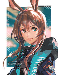  alice_jing amiya_(arknights) animal_ears arknights black_jacket blue_eyes brown_hair choker closed_mouth commentary_request female hair_between_eyes hood hood_down hooded_jacket jacket jewelry looking_to_the_side neck_ring open_clothes open_jacket photoshop_(medium) pink_lips rabbit_ears sidelocks solo upper_body 