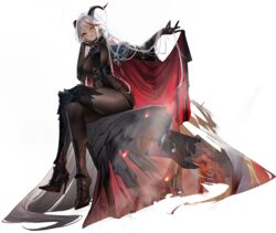  absurdly_long_hair aegir_(azur_lane) armored_boots azur_lane bare_shoulders black_gloves bodystocking boots breast_curtains breasts covered_navel cross-laced_clothes crossed_legs demon_horns elbow_gloves female gloves hair_on_horn high_heel_boots high_heels highres horns large_breasts lava long_hair looking_at_viewer multicolored_hair official_art parted_lips sideboob sitting streaked_hair transparent_background very_long_hair white_hair world_of_warships yellow_eyes yunsang 