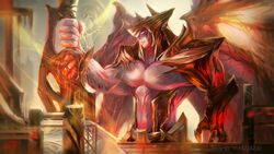  1boy aatrox absurdres armor closed_mouth darkin_(league_of_legends) gauntlets gold_armor helmet highres holding holding_sword holding_weapon league_of_legends male_focus muscular muscular_male pectorals pink_eyes shoulder_armor single_gauntlet solo sword weapon wings wutu_(1183238220) 