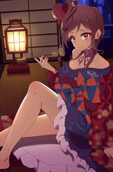  absurdres andon_(lighting) bare_legs barefoot breasts brown_hair carnation checkered_sash cleavage collarbone dango_hair_ornament feet_out_of_frame female flower food-themed_hair_ornament frills hair_flower hair_ornament heart heart_hair highres holding holding_smoking_pipe indoors japanese_clothes kimono kiseru knee_up lantern large_breasts legs long_hair looking_at_viewer night off_shoulder red_eyes shouji sitting sliding_doors smoking_pipe solo springshark324 tassel tatami wide_sleeves yuugiri_(zombie_land_saga) zombie_land_saga 