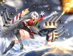  absurdres aiguillette ass azur_lane breasts cleavage epaulettes explosion female fighting_stance fire firing gloves grey_eyes grey_hair highres large_breasts long_hair medal musanix open_mouth rigging signature simple_background skirt standing standing_on_liquid standing_on_one_leg storm thighhighs thighs vittorio_veneto_(azur_lane) water white_gloves white_hair 