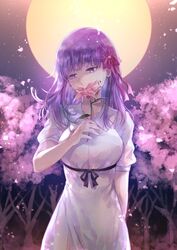  blood blood_on_face breasts commentary dress english_commentary fate/stay_night fate_(series) female flower full_moon hair_ribbon heaven&#039;s_feel large_breasts looking_away looking_to_the_side matou_sakura moon night official_alternate_costume petals pink_ribbon puffy_short_sleeves puffy_sleeves purple_eyes purple_hair ribbon sagta_panggang short_sleeves solo tree white_dress 