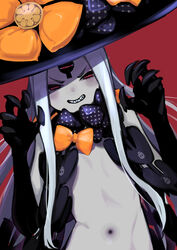  abigail_williams_(fate) abigail_williams_(third_ascension)_(fate) bare_shoulders black_bow black_hat blush bow breasts claw_pose colored_skin fate/grand_order fate_(series) female forehead grin hairbow hat highres keyhole long_hair looking_at_viewer mightyjump98 navel orange_bow parted_bangs polka_dot polka_dot_bow red_background red_eyes sharp_teeth small_breasts smile solo teeth third_eye white_hair white_skin witch_hat 