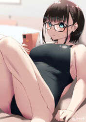  aqua_eyes artist_name bare_shoulders black-framed_eyewear black_hair black_one-piece_swimsuit blunt_bangs blurry blurry_background blush breasts cellphone collarbone commentary_request competition_swimsuit female fingernails glasses holding holding_phone jonsun knees_up large_breasts looking_away mole mole_above_eye mole_on_arm mole_on_breast mole_on_ear mole_on_neck mole_on_shoulder mole_on_thigh mole_under_eye mole_under_mouth one-piece_swimsuit original parted_lips phone sachi_(jonsun) short_hair sitting smartphone solo swimsuit twitter_username 