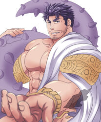  1boy abs ancient_greek_clothes bara bare_pectorals blurry blurry_foreground dagon_(housamo) facial_hair fish_boy greco-roman_clothes large_pectorals long_sideburns looking_at_viewer male_focus muscular muscular_male muted_color no_nipples pectorals purple_hair short_hair sideburns single_bare_shoulder solo stubble sunfight0201 tentacle tokyo_afterschool_summoners upper_body 