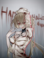  absurdres bandage_on_face bandaged_arm bandages breasts english_text female girls&#039;_frontline hair_between_eyes halloween halloween_costume hand_in_own_hair hand_up happy_halloween hat highres kord_(dancer_in_the_dead_silence)_(girls&#039;_frontline) kord_(girls&#039;_frontline) light_brown_hair long_hair looking_at_viewer medium_breasts nail_polish nurse nurse_cap official_alternate_costume priest77 red_eyes simple_background solo tongue tongue_out 