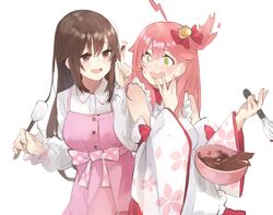  2girls absurdres ahoge alternate_costume apron bare_shoulders blush bowl brown_eyes brown_hair buttons cherry_blossom_print chocolate chocolate_making chocolate_on_hand commentary detached_sleeves floral_print food_on_hand frills green_eyes hair_ornament highres hololive kase_(kurimuzone_oruta) long_hair multiple_girls one_side_up open_mouth pink_hair sakura_miko sakura_miko_(1st_costume) sideless_kimono spilling surprised symbol-only_commentary tokino_sora virtual_youtuber whisk white_background wide_sleeves 