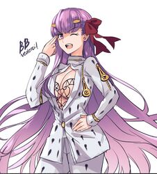  &gt;:) bb_(fate) bb_(fate/extra) breasts bruno_bucciarati bruno_bucciarati_(cosplay) cleavage cleavage_cutout clothing_cutout commentary contrapposto cosplay cowboy_shot english_commentary fate/extra fate/extra_ccc fate_(series) female hair_ribbon hand_on_own_hip jojo_no_kimyou_na_bouken large_breasts long_hair one_eye_closed open_mouth purple_eyes purple_hair red_ribbon ribbon sagta_panggang smile solo v-shaped_eyebrows vento_aureo very_long_hair zipper zipper_pull_tab 