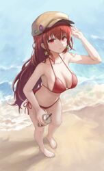  bangs bare_shoulders barefoot beach bikini blush breasts cleavage collarbone commission cup earrings female full_body hat highres indie_virtual_youtuber jewelry large_breasts long_hair looking_at_viewer parted_lips red_bikini red_eyes red_hair sauvignon shore skeb_commission smile solo swimsuit virtual_youtuber 