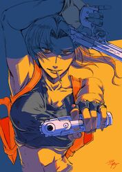  beretta_92 black_lagoon dual_wielding female fingerless_gloves gloves gun handgun highres holding holster long_hair looking_at_viewer midriff nahato_(nhtaao) revy_(black_lagoon) smoking solo toned weapon 