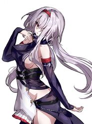  azur_lane bare_shoulders breasts colorado_(azur_lane) commentary covered_navel detached_sleeves female grey_hair hair_intakes hairband high_collar large_breasts long_hair long_sleeves looking_at_viewer pale_skin ramuya_(lamb) red_eyes sideboob sidelocks solo standing white_background 