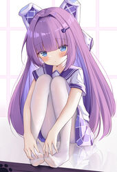  :o animal_ears azur_lane bear_hair_ornament blue_eyes blunt_bangs blush commentary fake_animal_ears feet female full_body hair_ornament hands_on_feet highres irokari knees_up legs long_hair looking_at_viewer miniskirt no_shoes pantyhose plaid plaid_skirt purple_eyes purple_sailor_collar purple_skirt sailor_collar shirt short_sleeves sitting skirt solo tashkent_(azur_lane) very_long_hair white_pantyhose white_shirt 