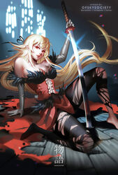  alice_jing bakemonogatari bare_shoulders blonde_hair breasts cleavage commentary dress elbow_gloves female glint gloves holding holding_sword holding_weapon indoors kiss-shot_acerola-orion_heart-under-blade large_breasts long_hair looking_at_viewer monogatari_(series) oshino_shinobu parted_lips photoshop_(medium) pointy_ears red_dress red_eyes sitting solo strapless strapless_dress sword torn_clothes torn_legwear vampire weapon white_gloves wooden_floor yellow_eyes 