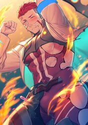  1boy abs arm_up bara bare_pectorals blue_eyes blush bodysuit bulge chest_harness covered_abs covered_navel embers fire harness hozu_(hozumi) lab_coat large_pectorals live_a_hero looking_at_viewer male_focus muscular muscular_male nipples pectorals rakta_(live_a_hero) red_hair short_hair skin_tight solo superhero_costume thick_thighs thighs torn_bodysuit torn_clothes 