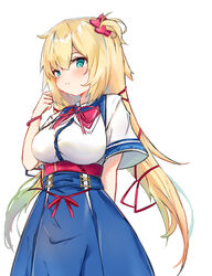  absurdres akai_haato akai_haato_(1st_costume) arm_behind_back blonde_hair blue_eyes blush breasts closed_mouth female fujimaki_nora hair_between_eyes hair_ornament hair_ribbon heart heart_hair_ornament highres hololive large_breasts long_hair looking_at_viewer low_twintails neck_ribbon one_side_up ribbon short_sleeves simple_background solo twintails very_long_hair virtual_youtuber white_background wide_sleeves 