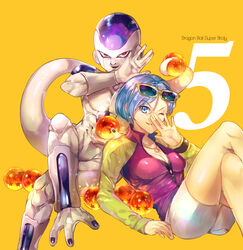  1boy blue_eyes blue_hair breasts bulma_briefs cleavage commentary copyright_name crossed_legs dragon_ball dragon_ball_(object) dragon_ball_super dragon_ball_super_broly duplicate earrings english_commentary eyewear_on_head female frieza jacket jewelry medium_breasts necklace one_eye_closed pixel-perfect_duplicate red_eyes sagta_panggang shorts sunglasses white_shorts 