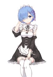  absurdres apron black_dress blue_eyes blue_hair blunt_bangs blush breasts detached_sleeves dress feet_out_of_frame female fujimaki_nora garter_straps hair_ornament hair_over_one_eye hair_ribbon hand_to_head highres invisible_chair looking_at_viewer maid medium_breasts photoshop_(medium) pink_ribbon re:zero_kara_hajimeru_isekai_seikatsu rem_(re:zero) ribbon roswaal_mansion_maid_uniform short_hair simple_background sitting smile solo thighhighs waist_apron white_apron white_background white_thighhighs x_hair_ornament 