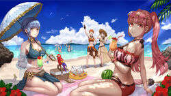  2boys 4girls :d alternate_costume ashe_ubert ashe_ubert_(summer) beach bikini bird black_bikini black_gloves blue_bikini blue_eyes blue_hair breasts butt_crack caspar_von_bergliez caspar_von_bergliez_(summer) cleavage closed_eyes cockatoo cup day feh_(fire_emblem_heroes) fire_emblem fire_emblem:_three_houses fire_emblem_heroes fish flower food fruit full_body gloves goggles goggles_around_neck highres hilda_valentine_goneril hilda_valentine_goneril_(summer) holding holding_cup holding_weapon leonie_pinelli leonie_pinelli_(summer) marianne_von_edmund marianne_von_edmund_(summer) medium_breasts mercedes_von_martritz mercedes_von_martritz_(summer) multiple_boys multiple_girls navel open_mouth orange_bikini outdoors owl parasol parrot picnic_basket pink_bikini pink_eyes pink_hair red_flower sarong seiza sitting sky smile standing swimsuit tokisake_masoho umbrella water watermelon waving weapon 