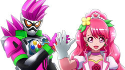  armor brooch choker coat commentary_request crossover cure_grace earrings gloves hanadera_nodoka healin&#039;_good_precure helmet highres jewelry kamen_rider kamen_rider_ex-aid kamen_rider_ex-aid_(series) pink_eyes pink_hair ponzu_(anagosan02) precure trait_connection white_gloves 