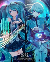  1boy ahoge black_legwear black_skirt black_sleeves blue_eyes blue_hair blue_jacket character_name closed_mouth commentary_request copyright_name cowboy_shot dated detached_sleeves dress_shirt female floating_hair frilled_shirt frills grey_shirt hair_ornament hatsune_miku headset jacket long_hair long_sleeves looking_at_viewer microphone mikleo_(tales) miniskirt monicanc open_mouth outstretched_arm pants pleated_skirt shirt skirt sleeveless sleeveless_shirt smile split_screen swept_bangs tales_of_(series) tales_of_zestiria tears thighhighs twintails very_long_hair vocaloid white_hair white_pants zettai_ryouiki 