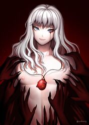  1boy behelit berserk blood blood_from_eyes blood_on_face blue_eyes closed_mouth commentary english_commentary griffith_(berserk) hands highres jewelry light_smile long_hair looking_at_viewer male_focus necklace nipples pectorals reizdrawing solo_focus white_hair 